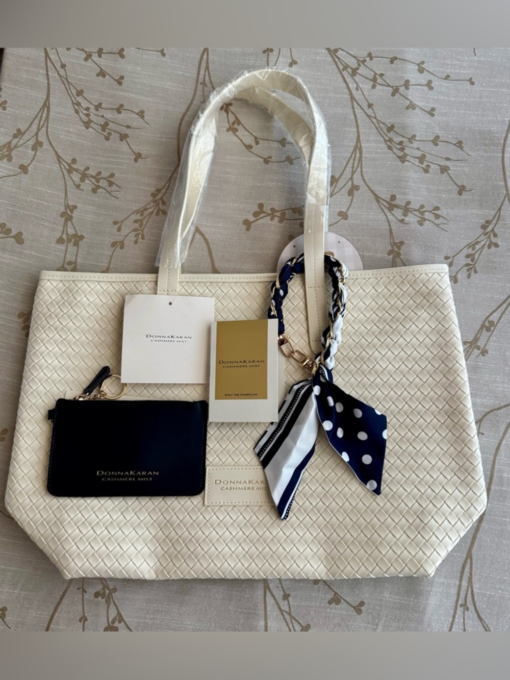 Donna Karan Cream Woven Tote with Navy Polka-Dot Scarf Accent
